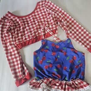 Sugar Bee Clothing Co Red Blue White Gingham Cherry Ruffle Swim Tops Girls 8-10